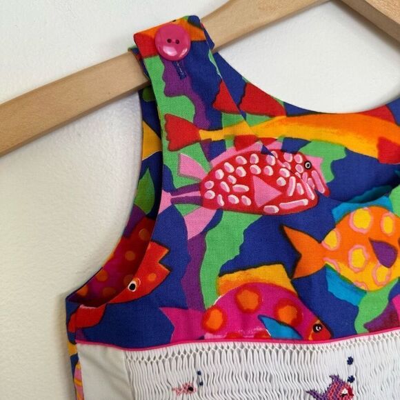 Kids SEE MEASUREMENTS Smocked Art to Wear Abstract Tropical Fish Ecosystem Wide - Picture 7 of 8